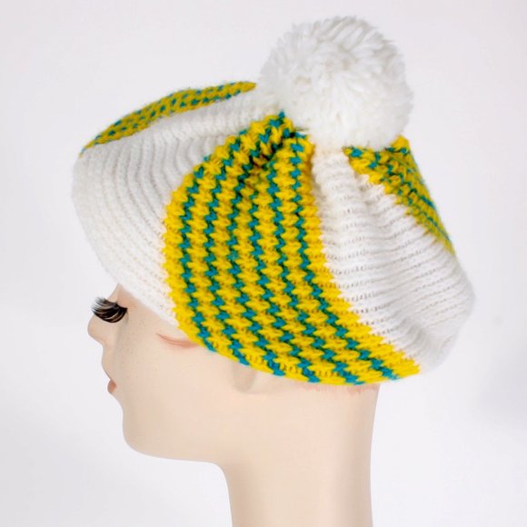 Vintage 1960s Stripe Knit Jaunty Beret Winter Hat 60s 70s Puff Ski Crochet Mod - Picture 2 of 5